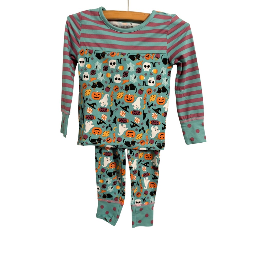 Matilda Jane Pajama Set Kids 2T Teal Halloween Ghost Pumpkin Stripe 2 Piece